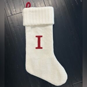 Cream/OffWhite Knit Christmas Stocking with Red Monogram I